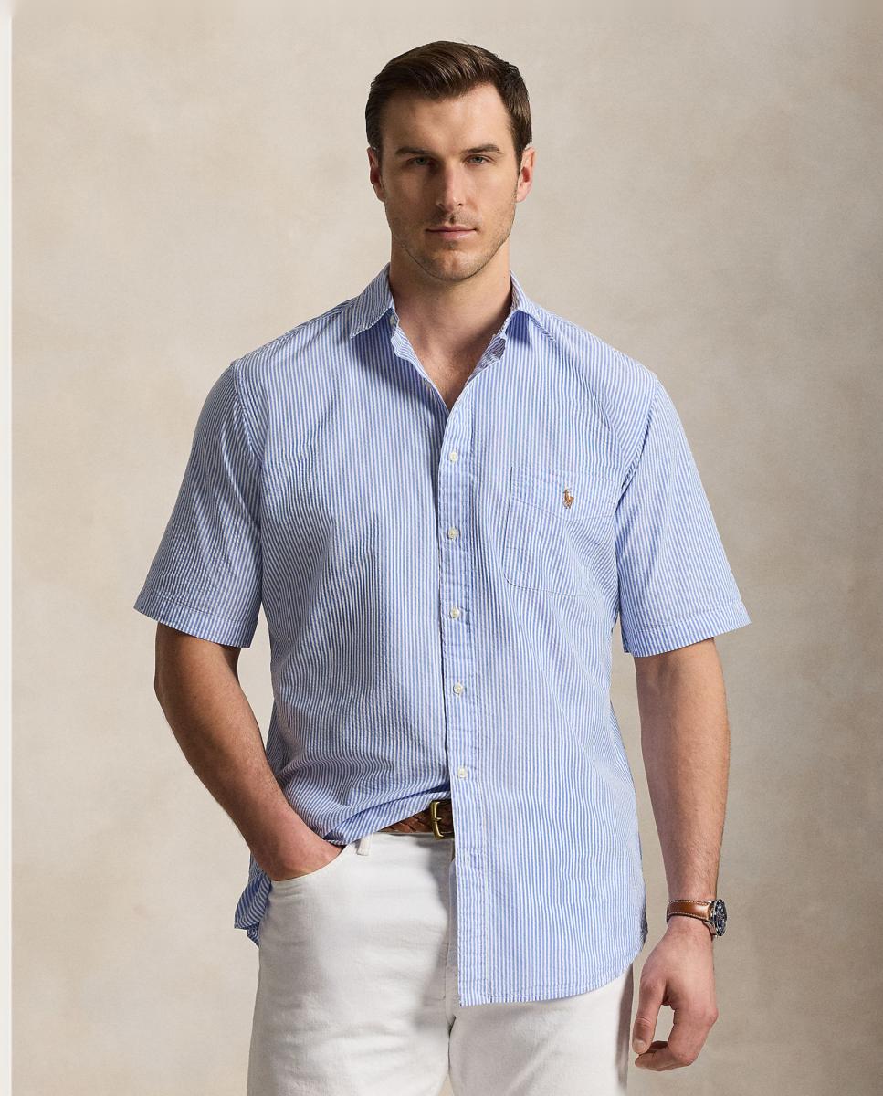 Camisa de Manga Curta com Bolso Tamanhos Grandes Azul / Branco-1