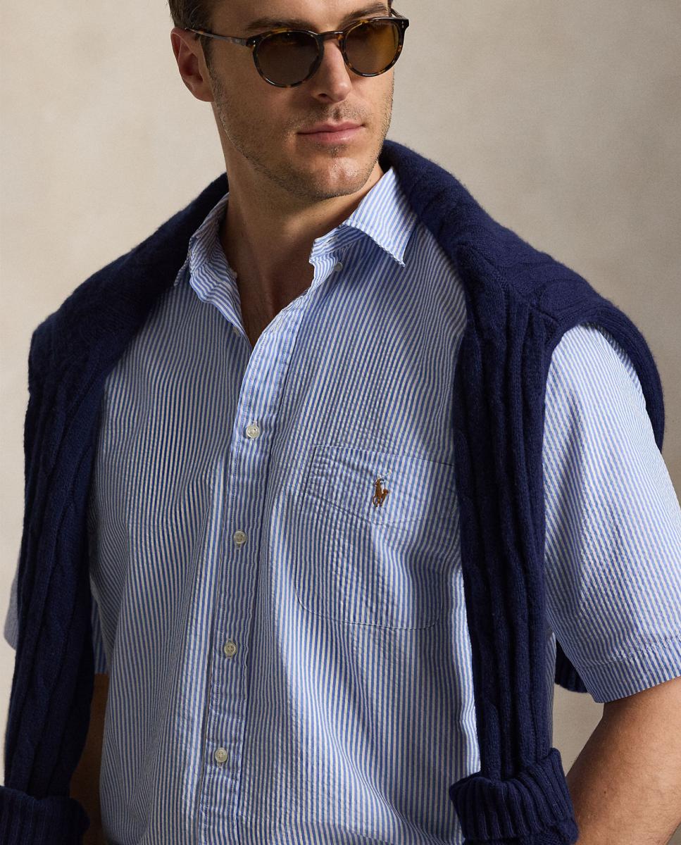 Camisa de Manga Curta com Bolso Tamanhos Grandes Azul / Branco-4