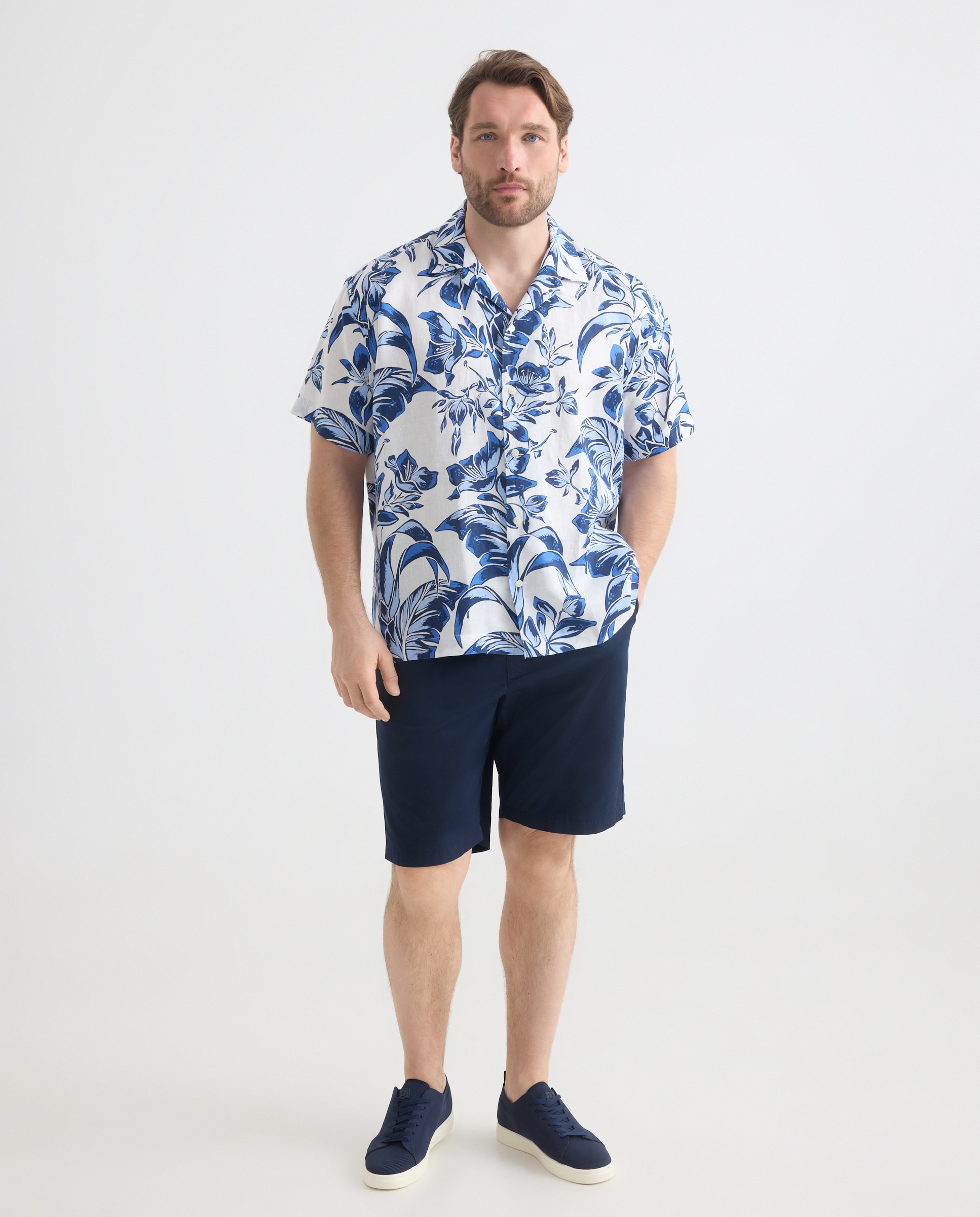 Camisa de Linho com Manga Curta Tamanhos Grandes Branco-2