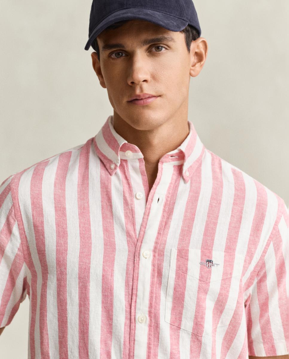 Camisa de Linho Tamanhos Grandes com Manga Curta Rosa-3