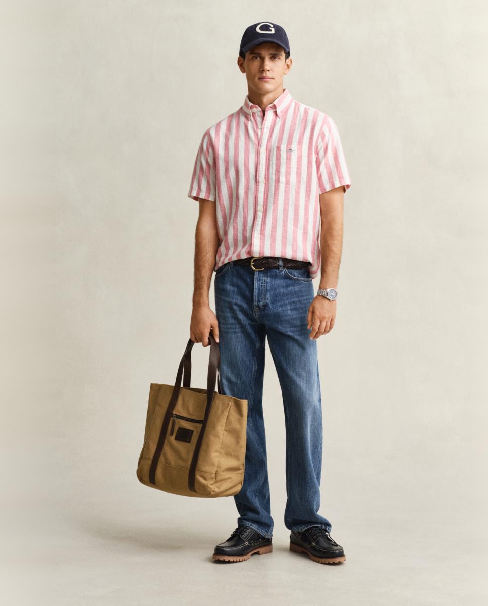 Camisa de Linho Tamanhos Grandes com Manga Curta Rosa-5
