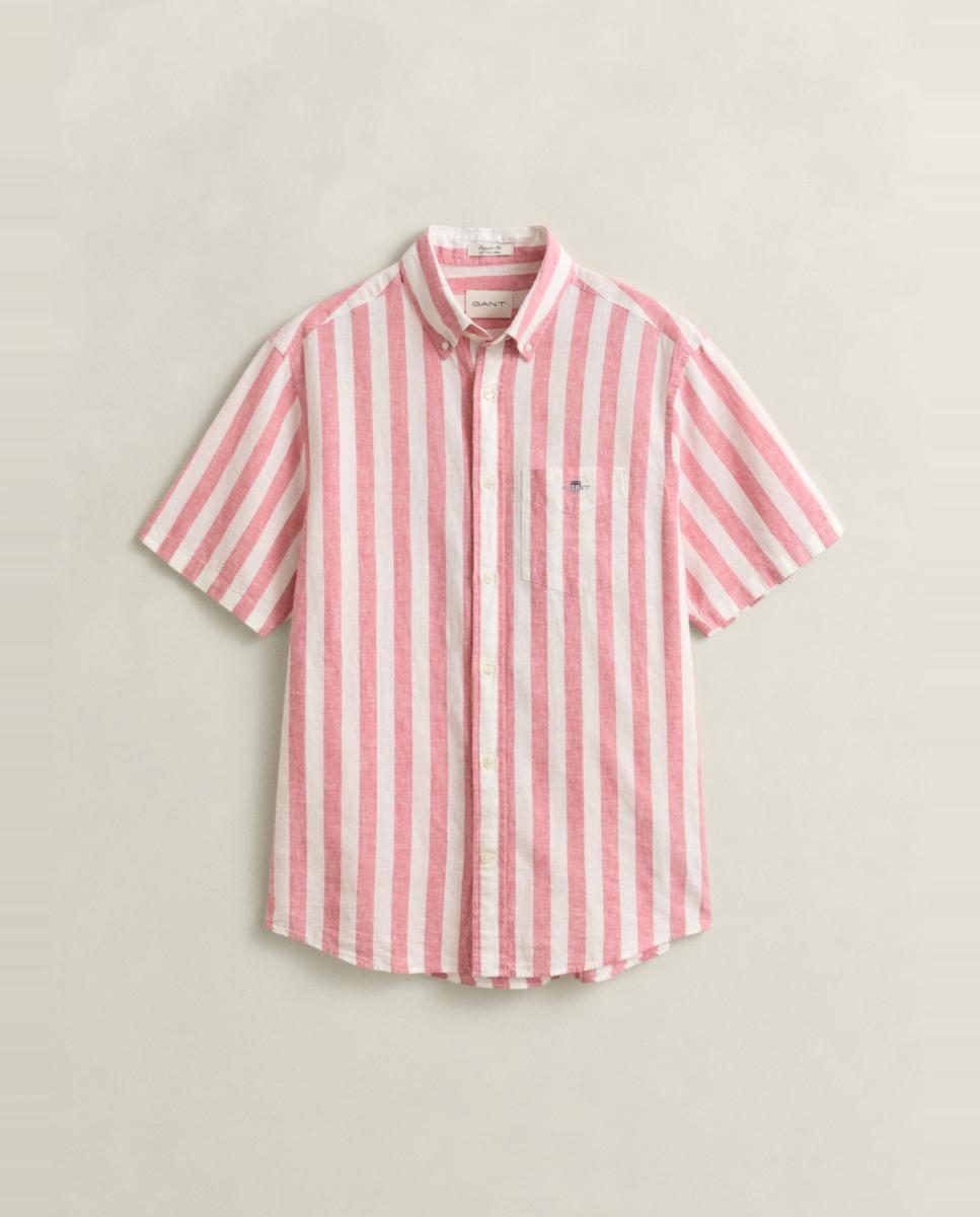 Camisa de Linho Tamanhos Grandes com Manga Curta Rosa-4