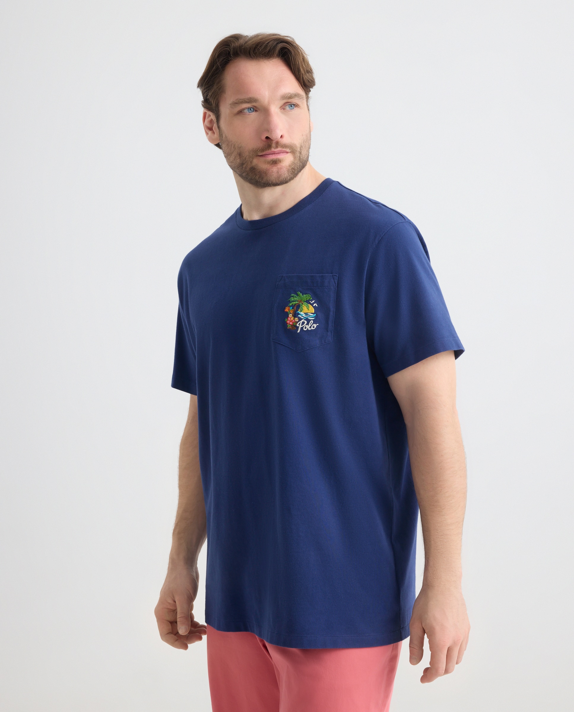 T-shirt de Algodão com Bolso Tamanhos Grandes Azul-escuro-1