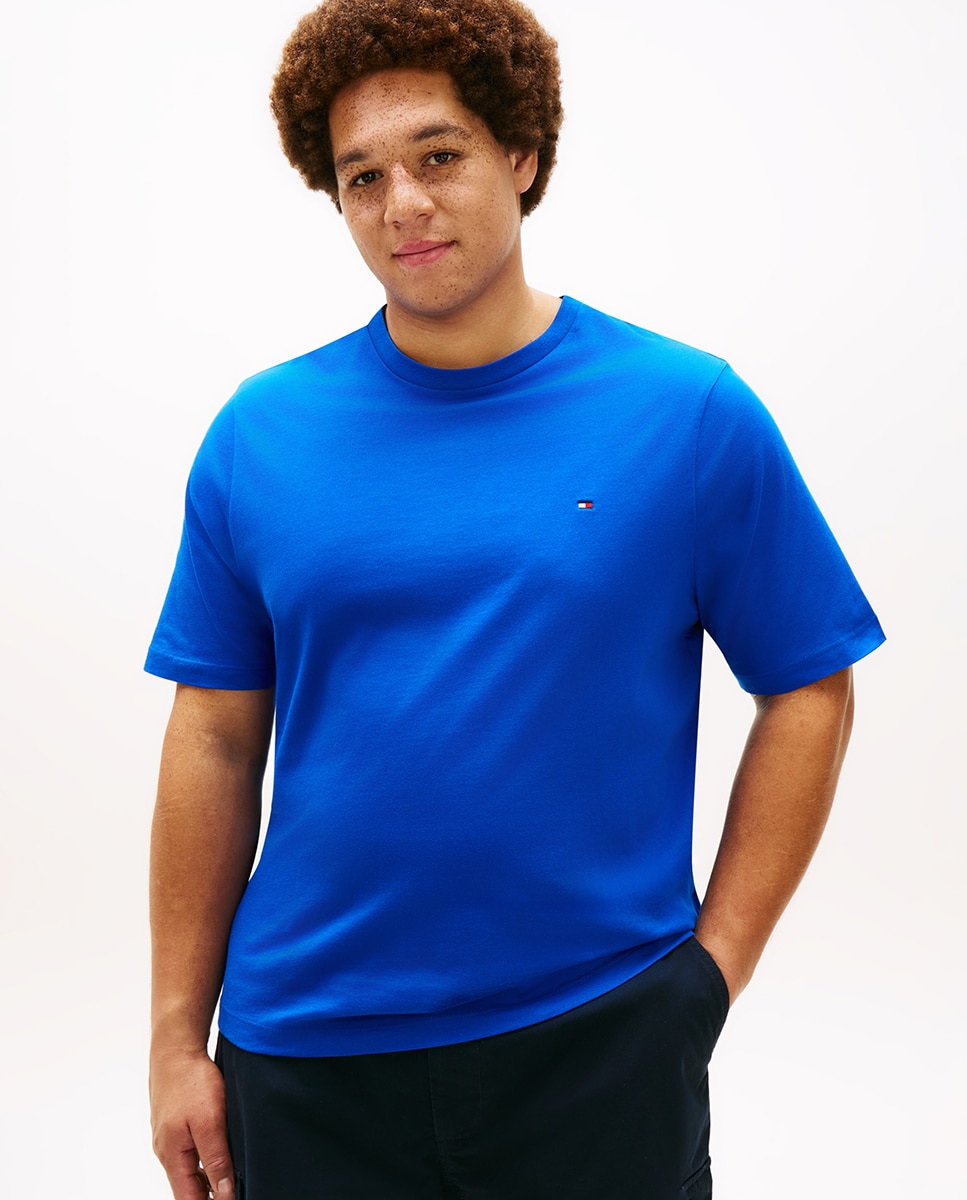 T-shirt de Manga Curta Lisa Tamanhos Grandes Azul-1