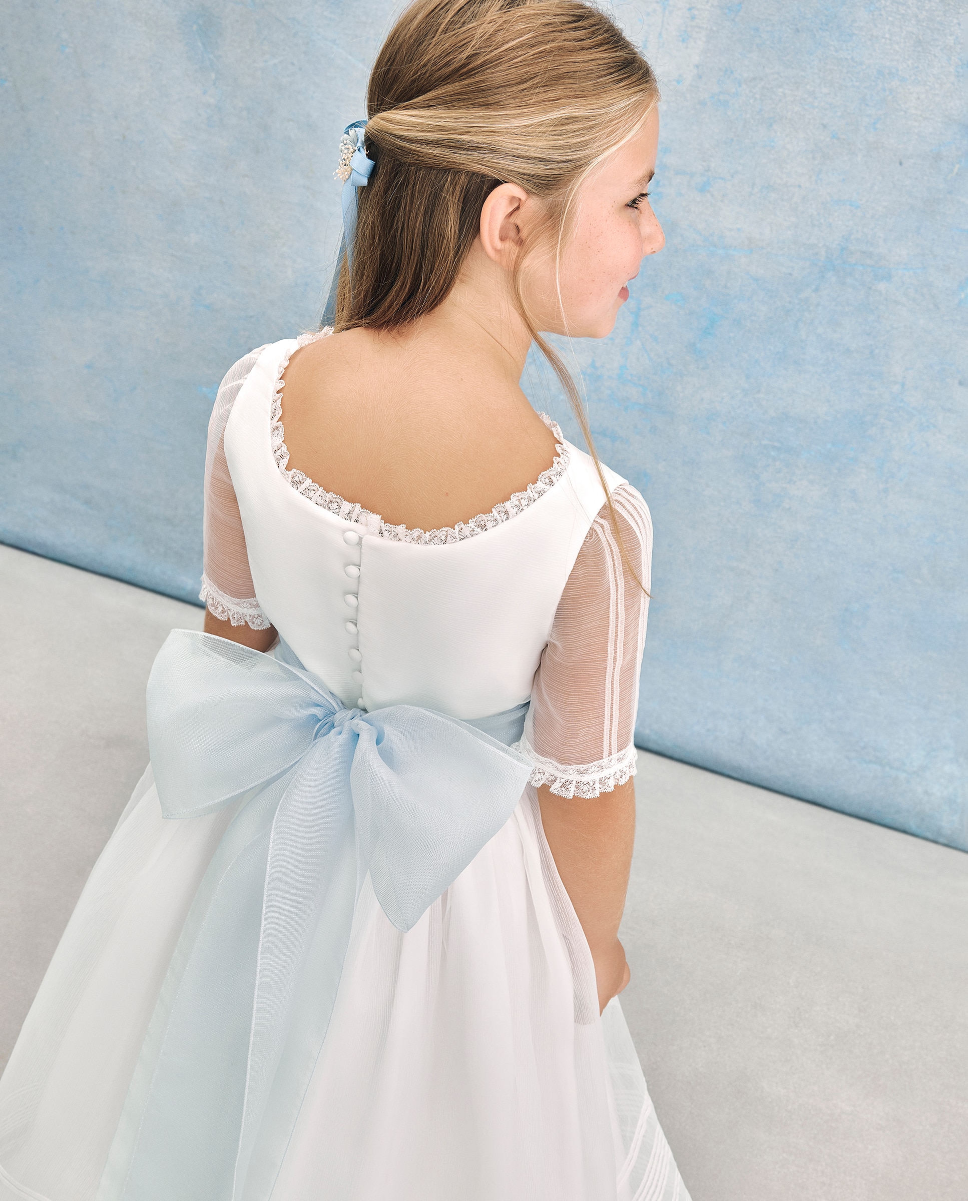 Vestido de Comunhão com Manga Curta e Pregas Selene Coconut El Corte Inglés Branco-marfim-3