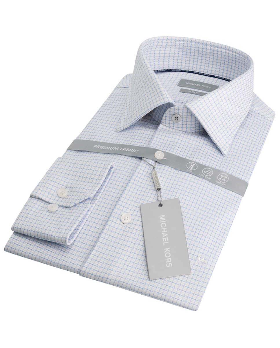 Camisa Clássica Slim Fit em Tecido Dobby de Duas Camadas aos Quadrados Azul-claro-2