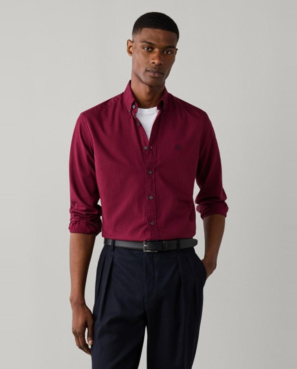 Camisa oxford de hombre lisa classic fit teñida en prenda - Hackett London - Rojo Rojo-1