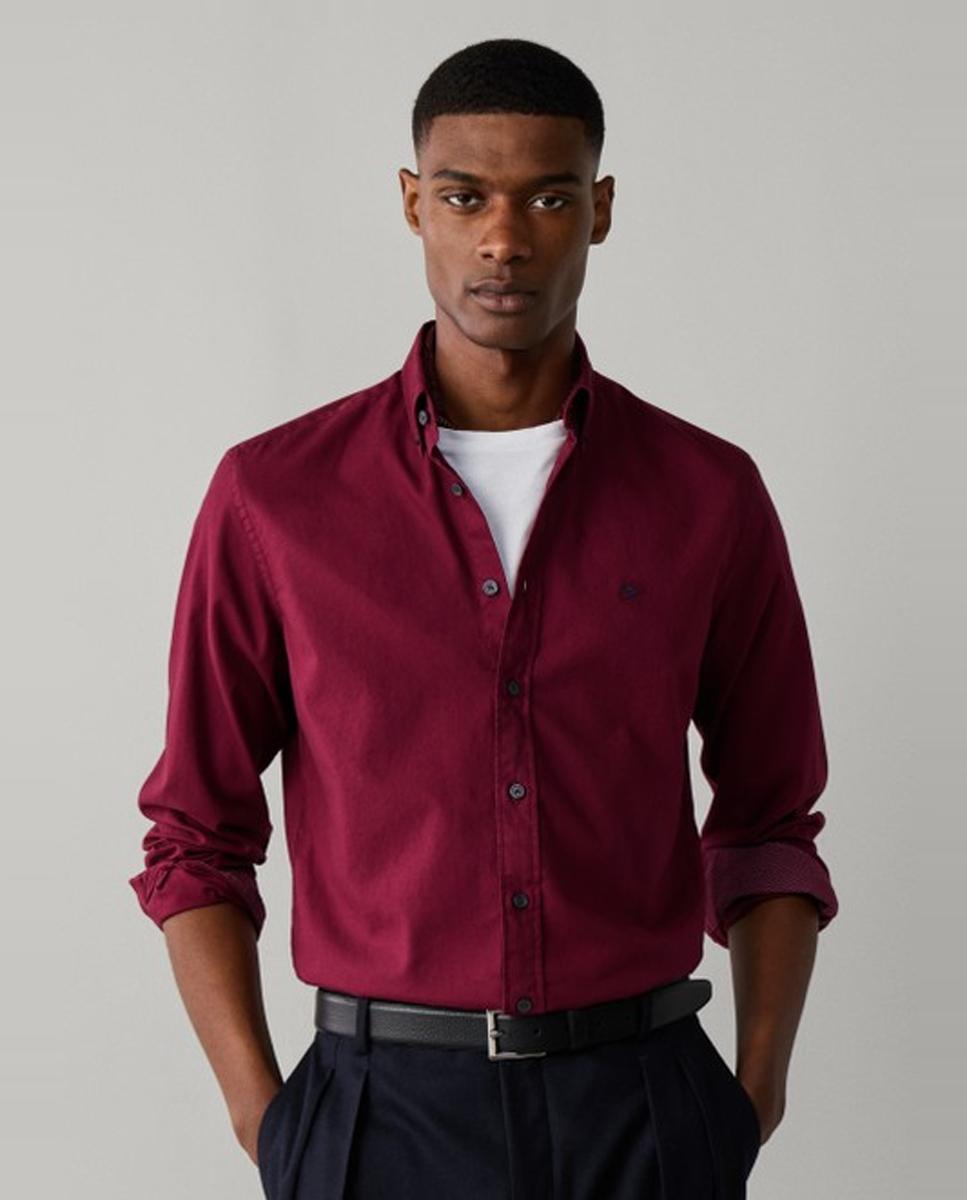 Camisa oxford de hombre lisa classic fit teñida en prenda - Hackett London - Rojo Rojo-3
