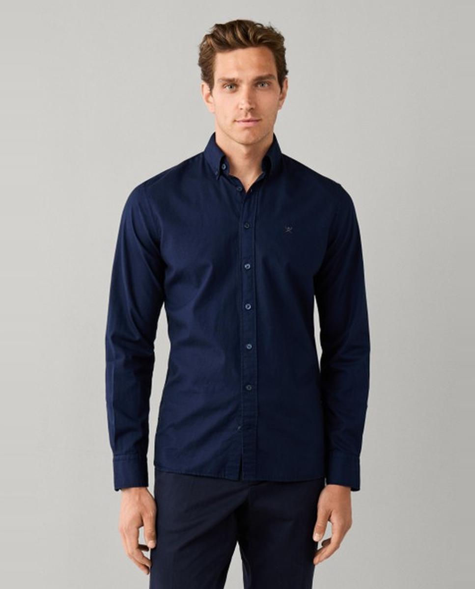 Camisa oxford de hombre lisa classic fit teñida en prenda - Hackett London - Azul marino Azul marino-1