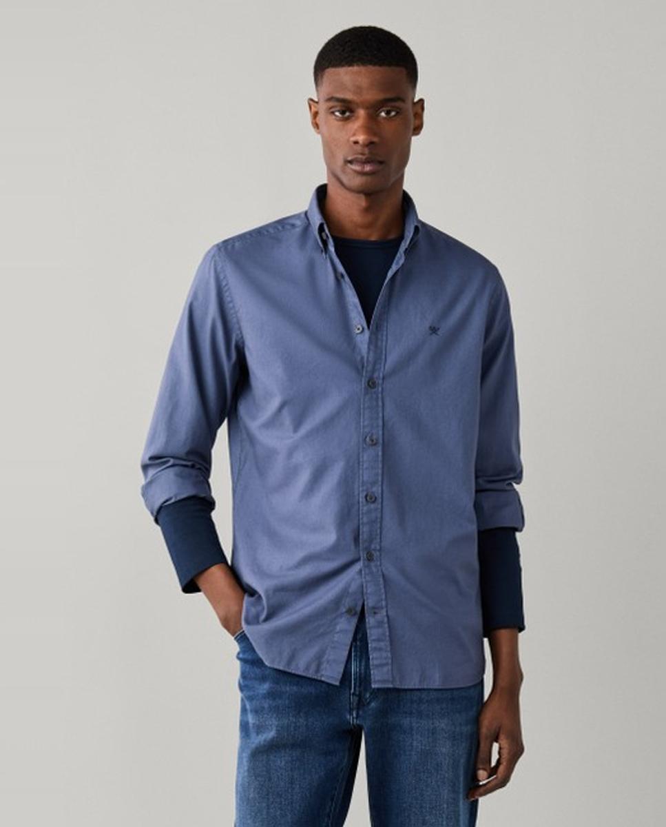 Camisa oxford de hombre lisa classic fit teñida en prenda - Hackett London - Azul Azul-1