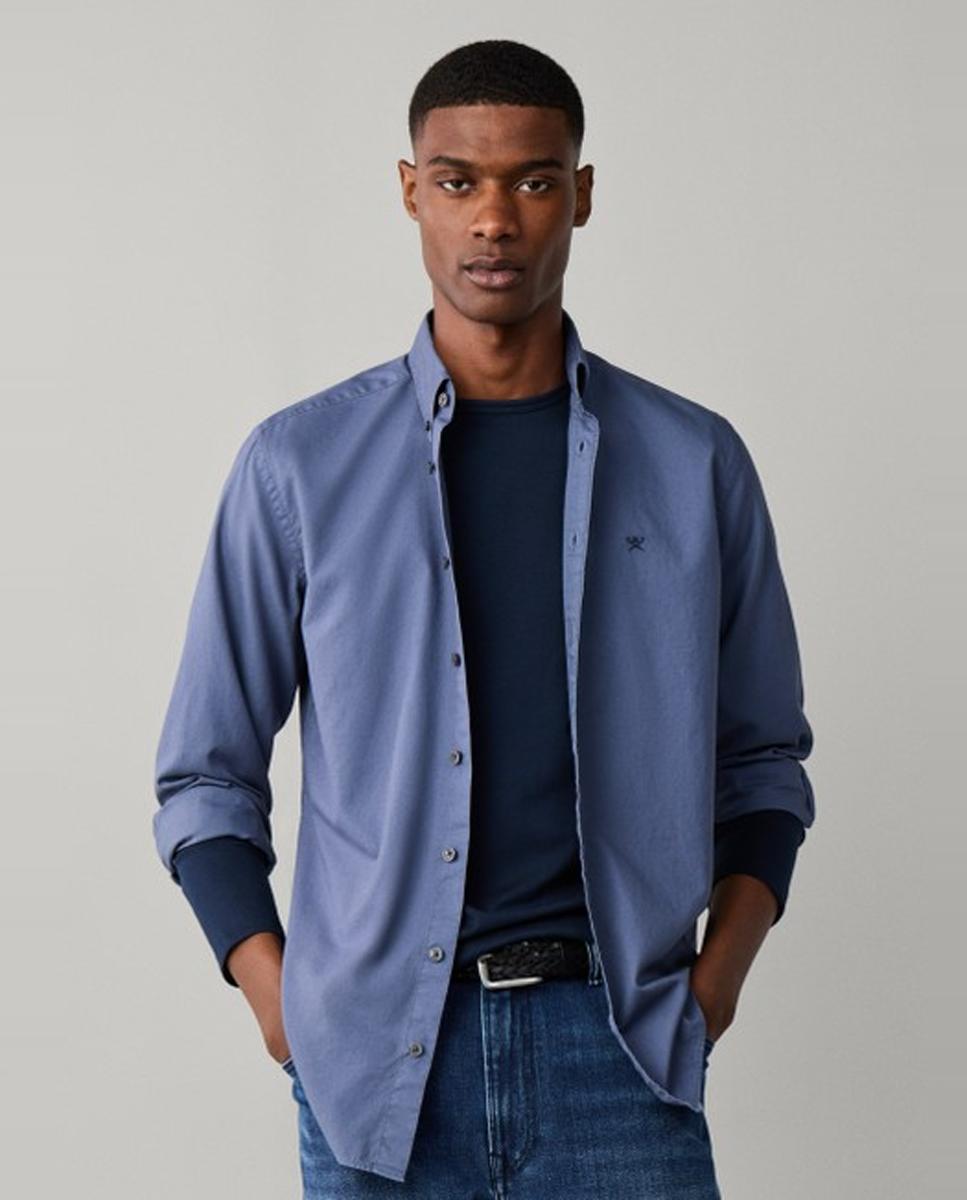 Camisa oxford de hombre lisa classic fit teñida en prenda - Hackett London - Azul Azul-3