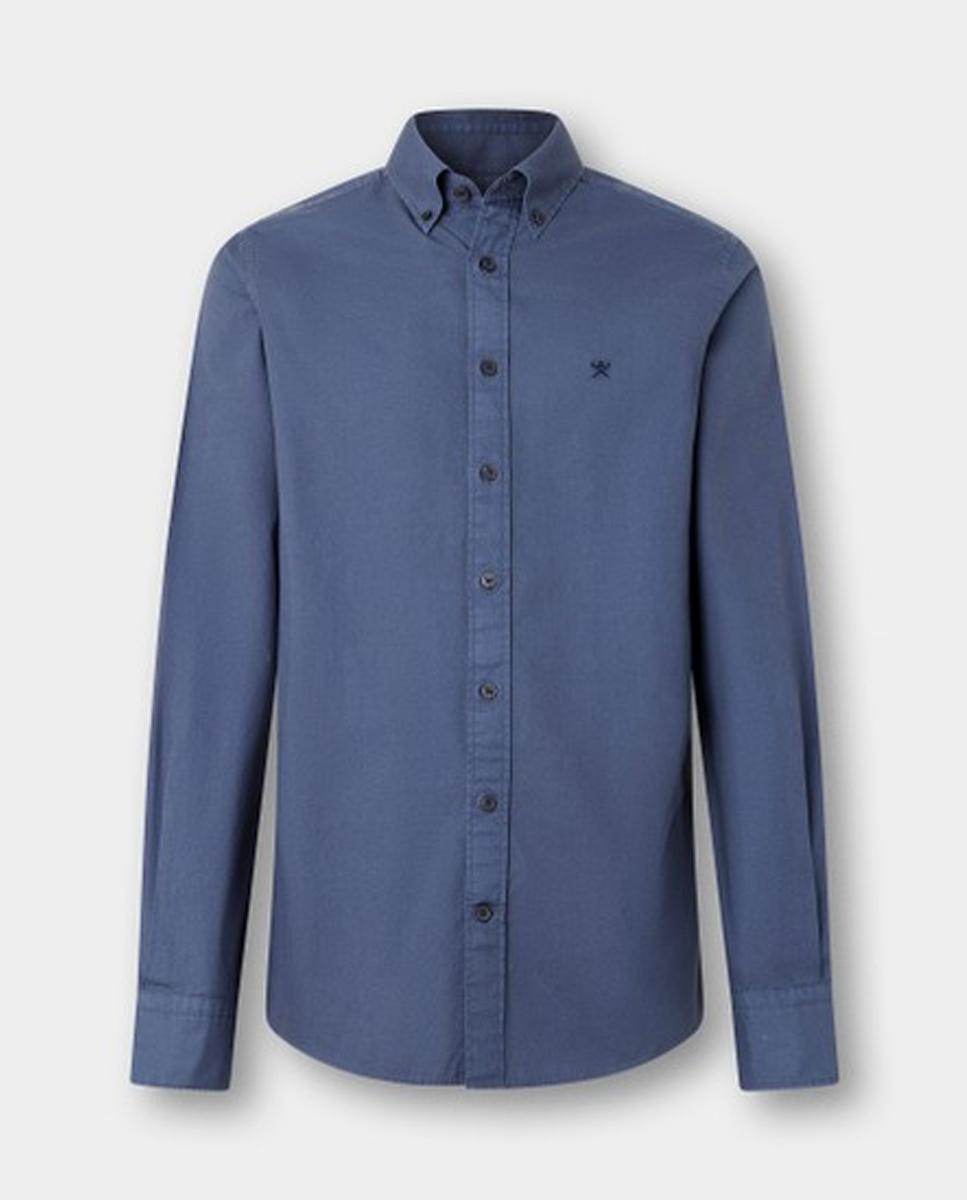 Camisa oxford de hombre lisa classic fit teñida en prenda - Hackett London - Azul Azul-6