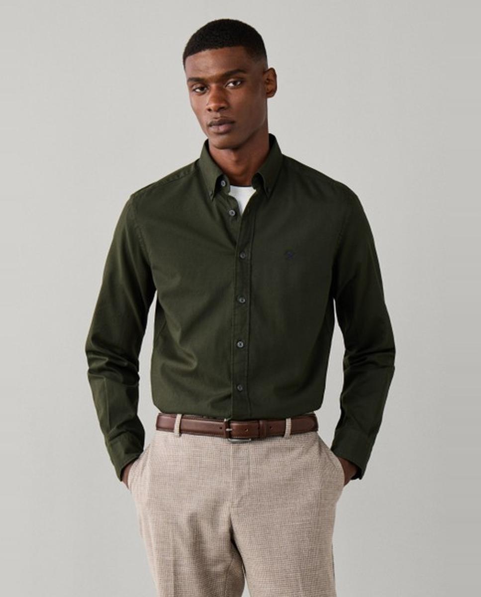 Camisa oxford de hombre lisa classic fit teñida en prenda - Hackett London - Verde militar Verde militar-1