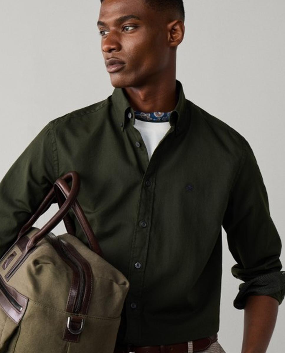 Camisa oxford de hombre lisa classic fit teñida en prenda - Hackett London - Verde militar Verde militar-3