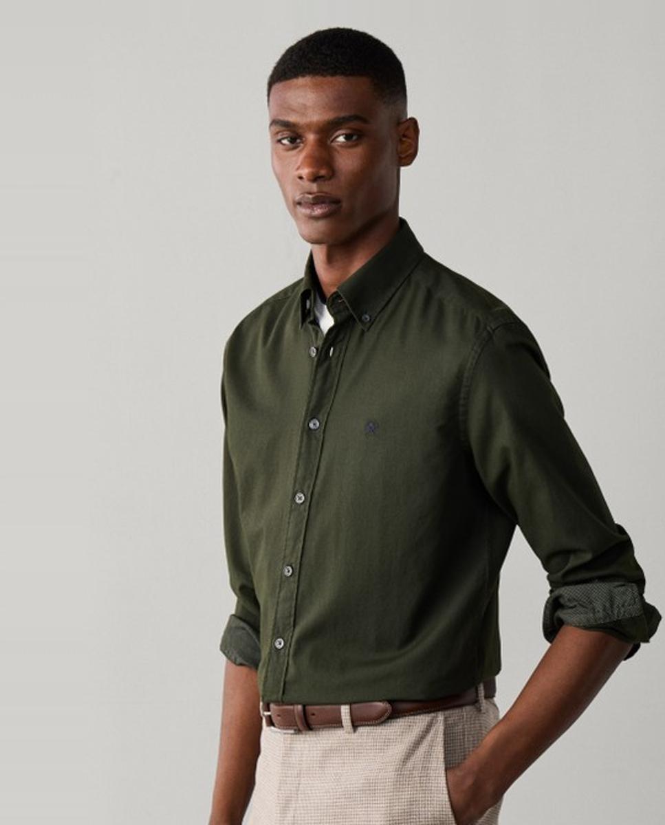 Camisa oxford de hombre lisa classic fit teñida en prenda - Hackett London - Verde militar Verde militar-5
