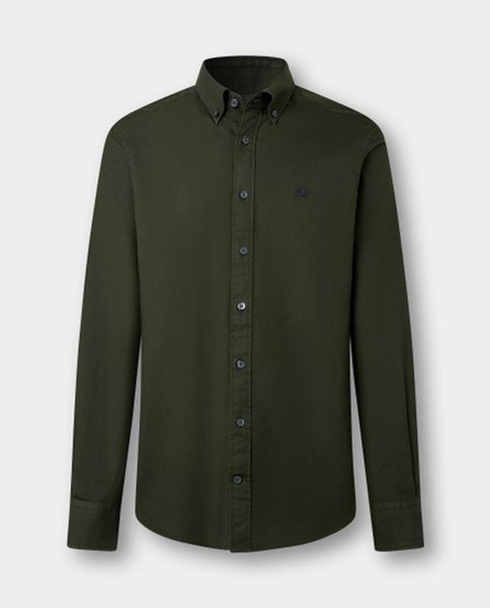 Camisa oxford de hombre lisa classic fit teñida en prenda - Hackett London - Verde militar Verde militar-6
