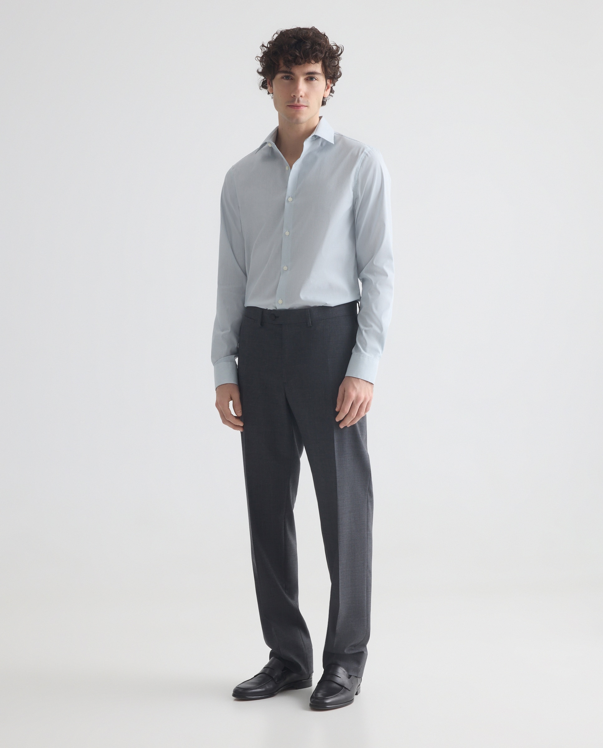 Camisa Clássica Slim às Riscas com Colarinho Stretch. Azul-2