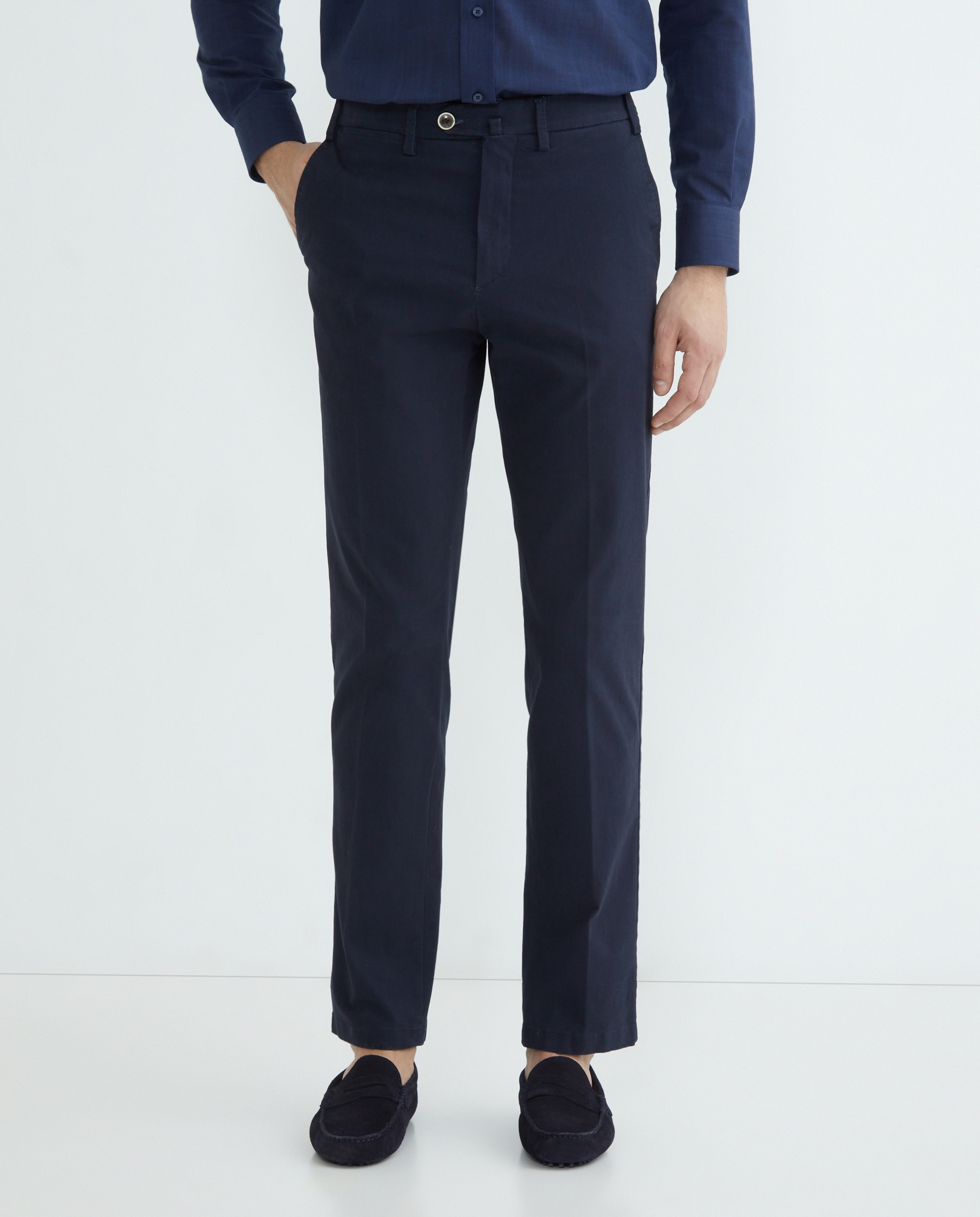 Calças Chino Regular Fit de Algodão Stretch Lisas Azul-marinho-2