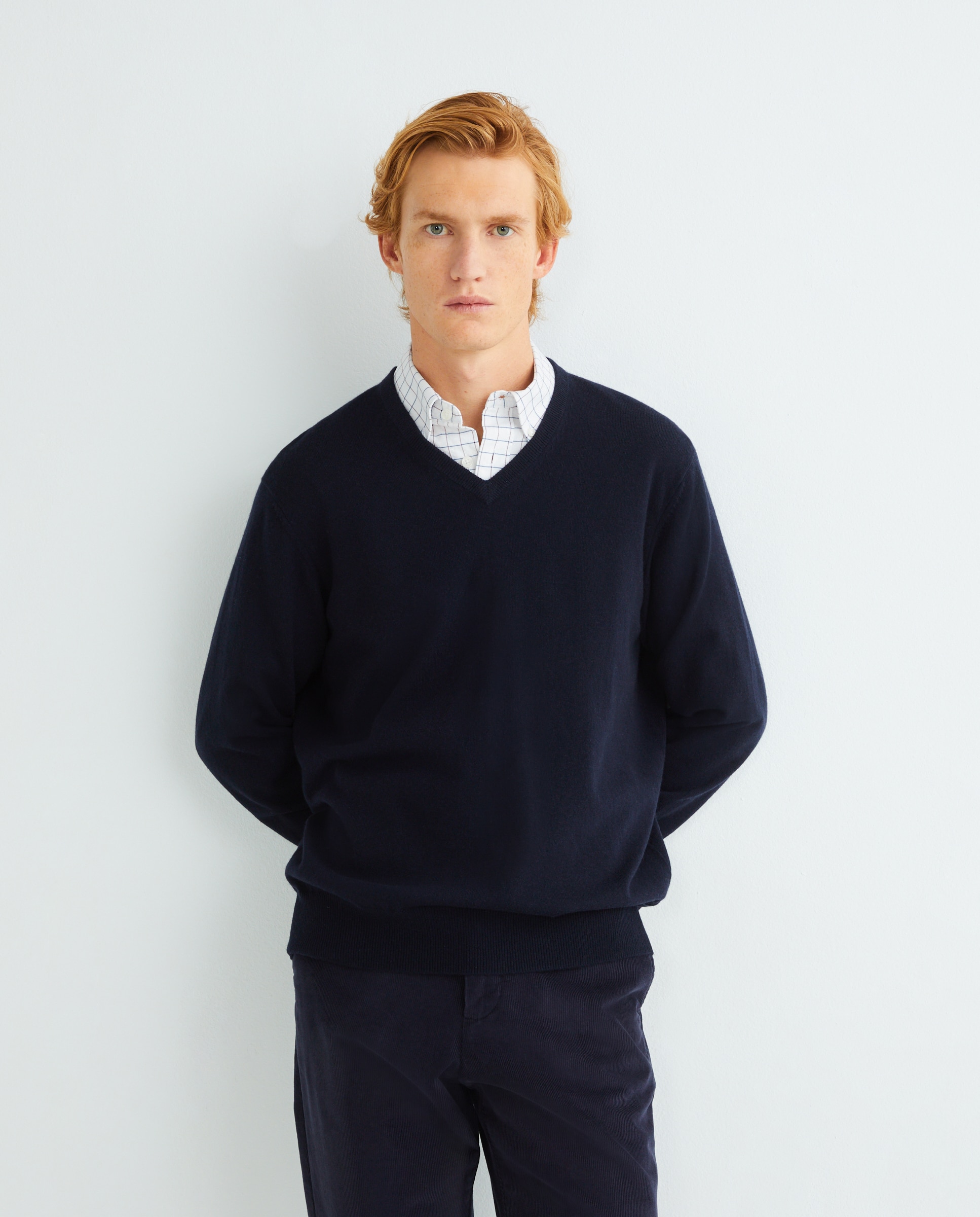 Camisola de Malha com Decote em Bico e em Lã 100% Caxemira Azul-marinho-1