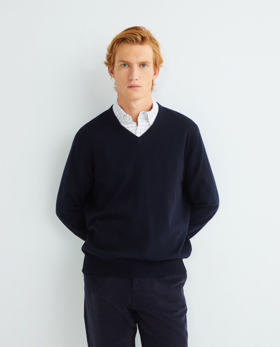 Camisola de Malha com Decote em Bico e em Lã 100% Caxemira Azul-marinho-1