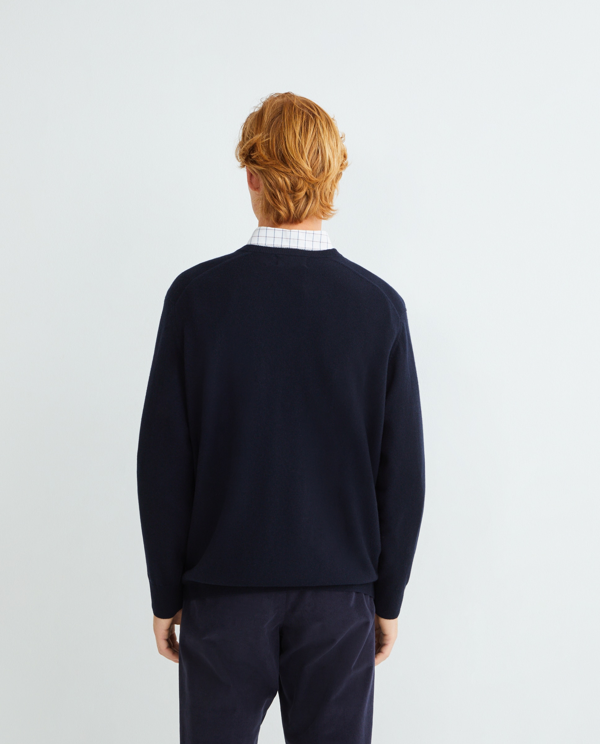 Camisola de Malha com Decote em Bico e em Lã 100% Caxemira Azul-marinho-3