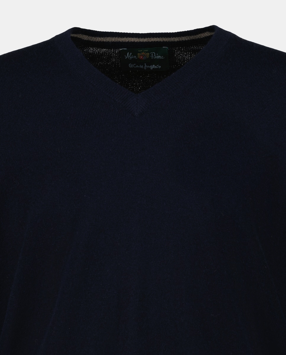 Camisola de Malha com Decote em Bico e em Lã 100% Caxemira Azul-marinho-2