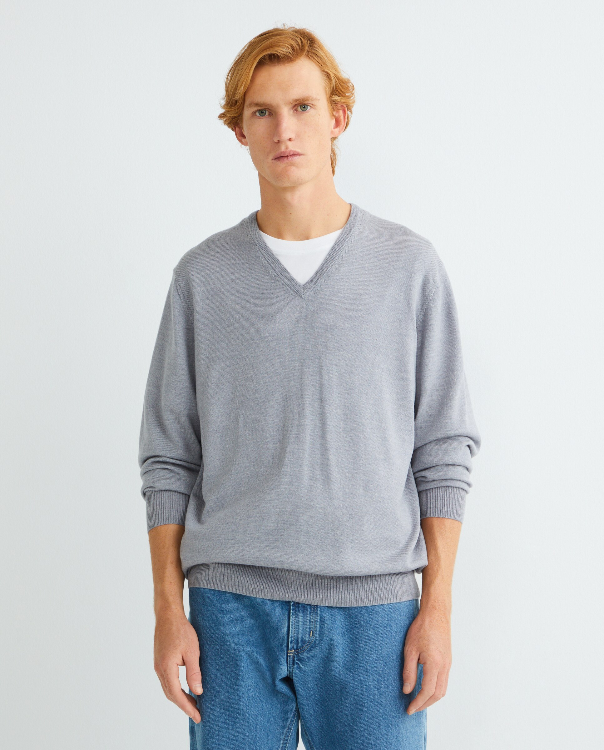 Camisola de Malha com Decote em Bico e em Lã 100% Merino Cinzento-claro-2