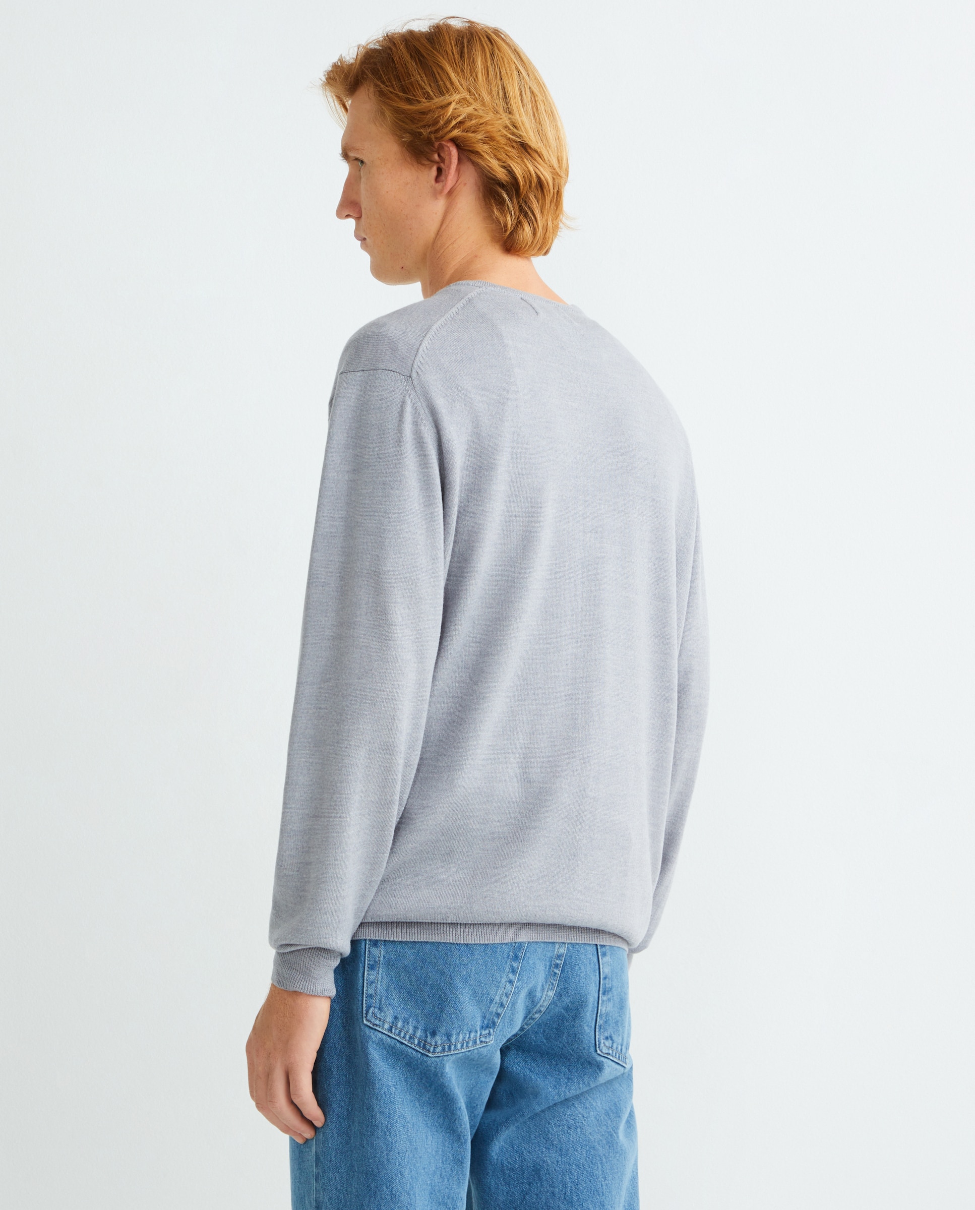 Camisola de Malha com Decote em Bico e em Lã 100% Merino Cinzento-claro-3