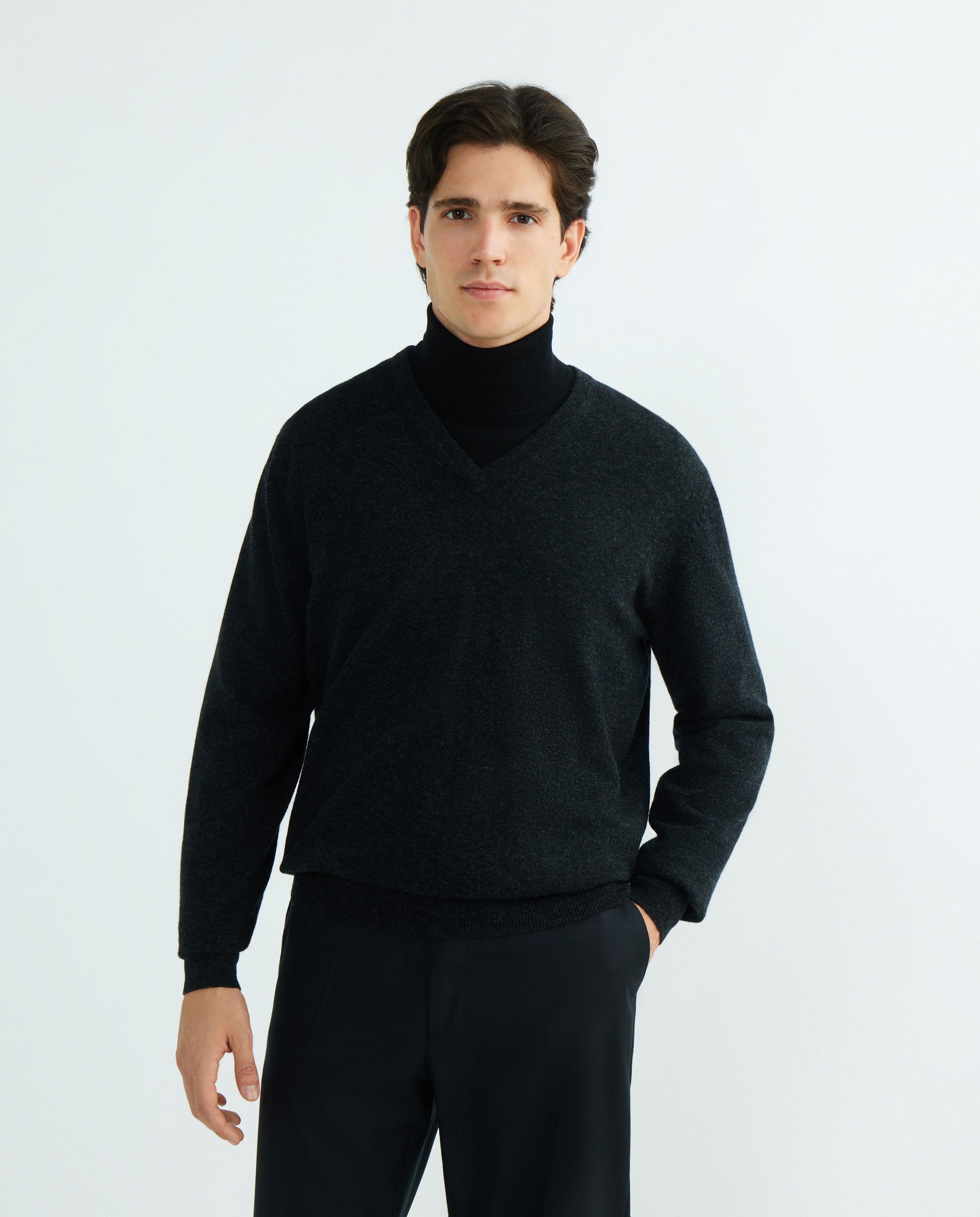 Camisola de Malha com Decote em Bico e 100% Lã Cinzento-escuro-2