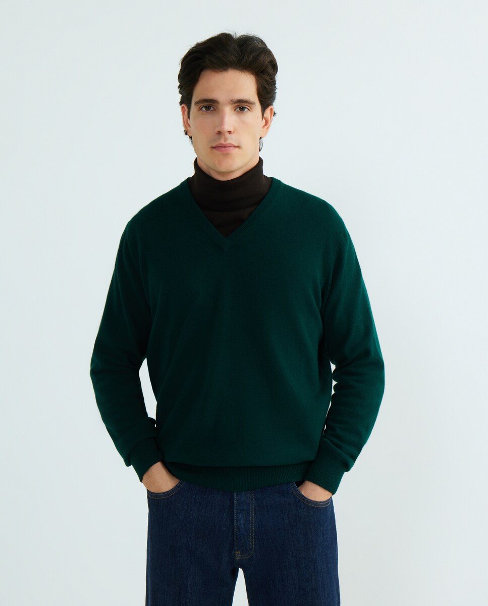 Camisola de Malha com Decote em Bico e 100% Lã Verde-escuro-2