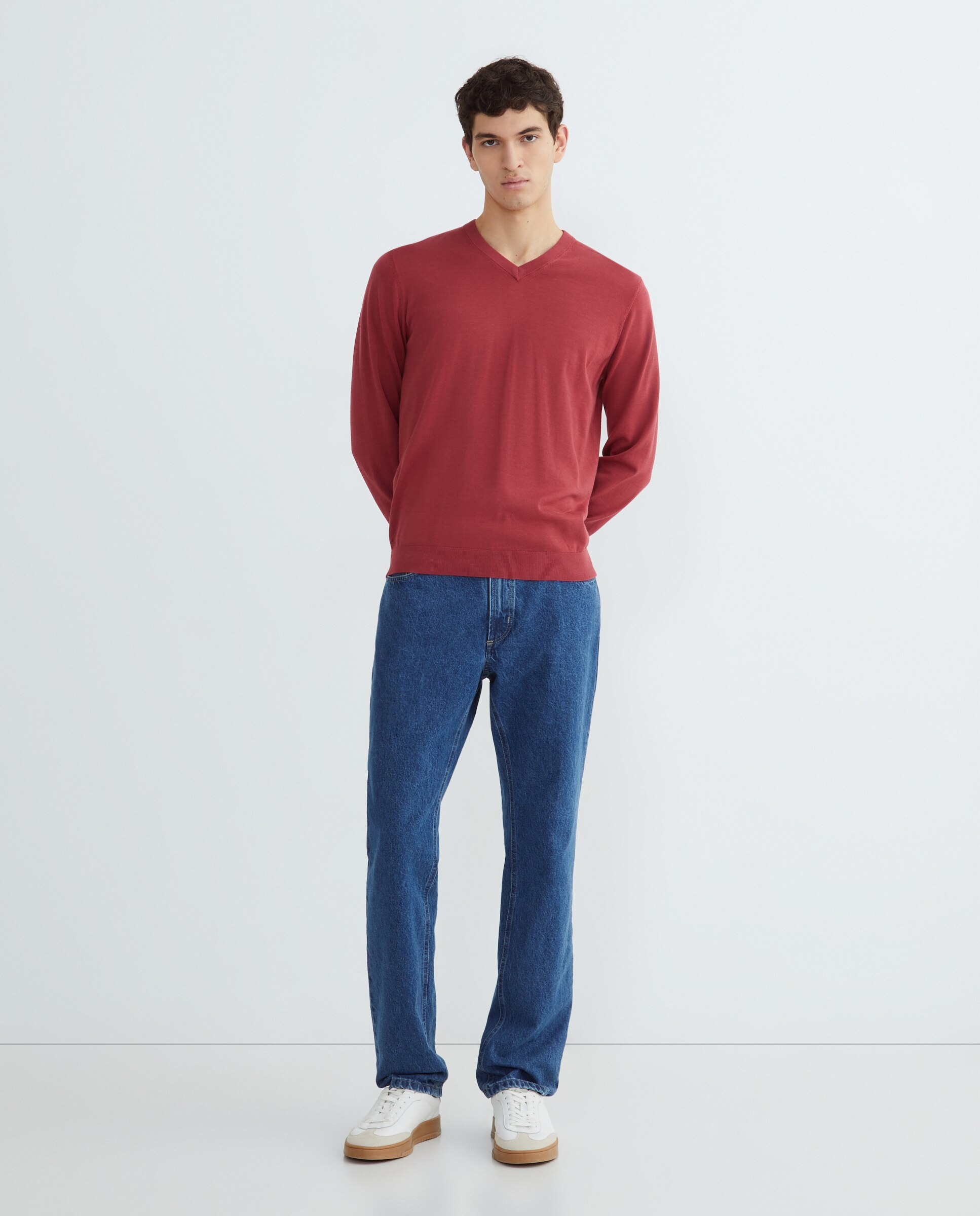 Camisola de Malha Lisa com Decote em Bico Rosa-2