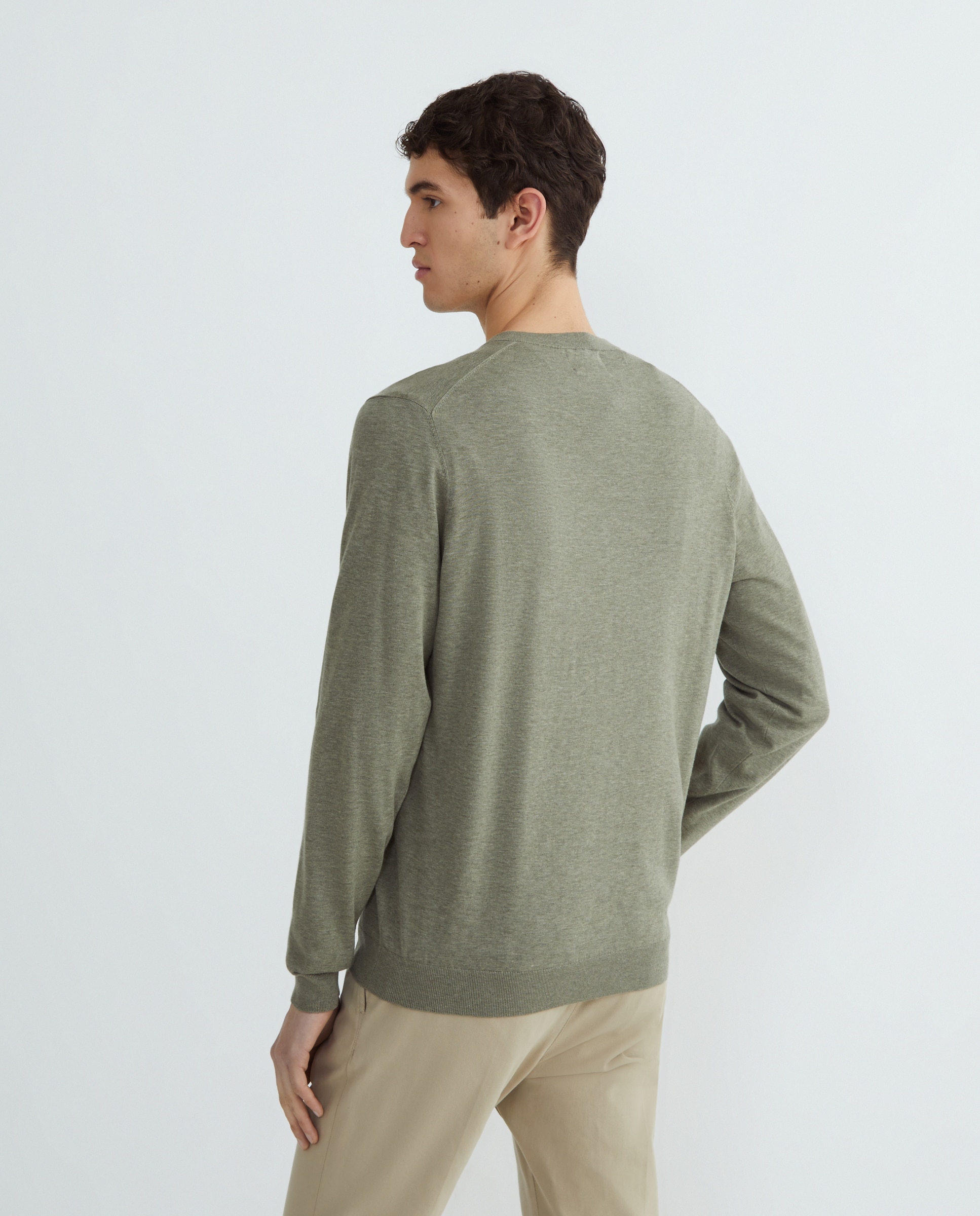 Camisola de Malha Lisa com Decote em Bico Verde-militar-3