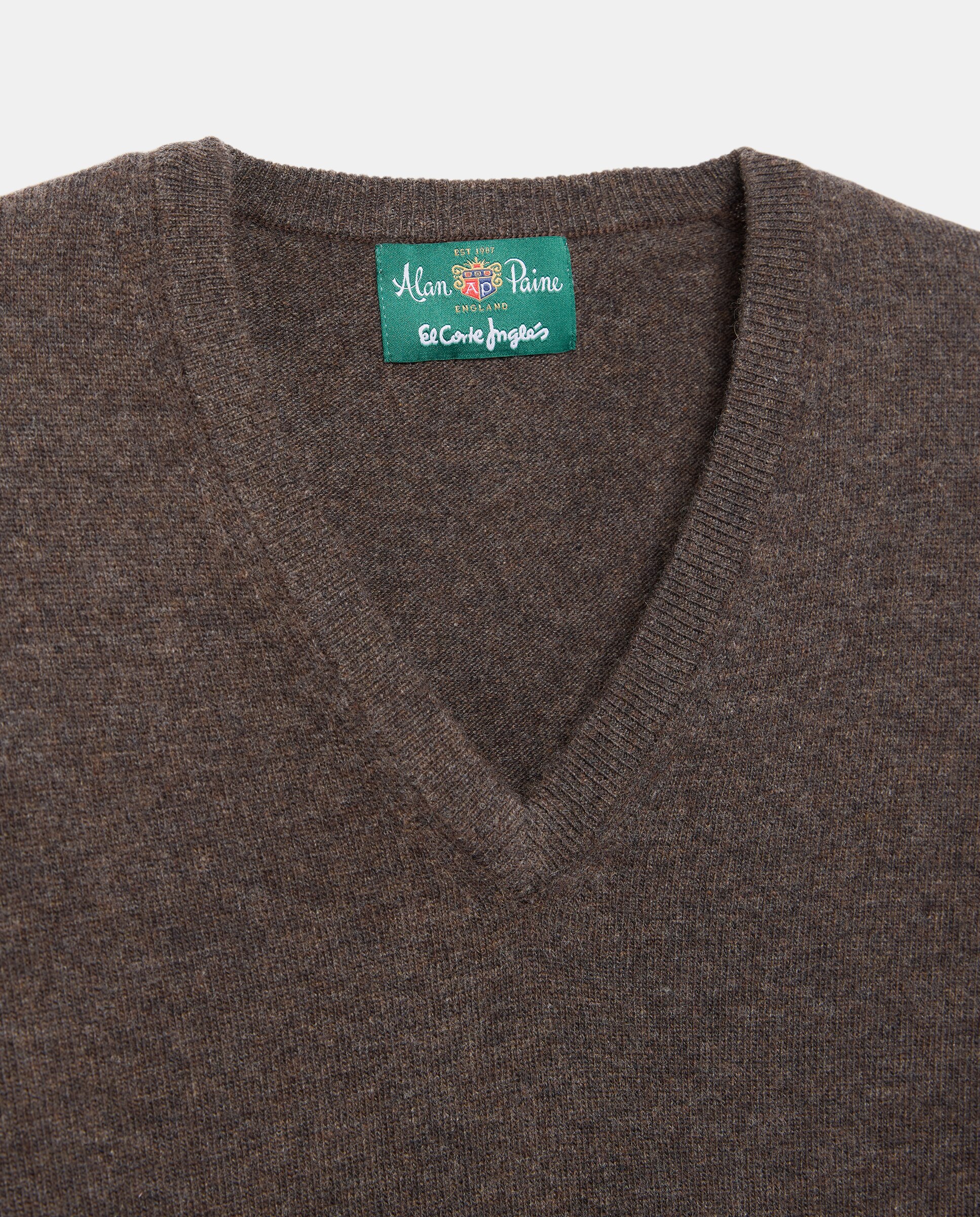 Camisola de Malha 100% Lã com Gola em Bico Castanho-escuro-5