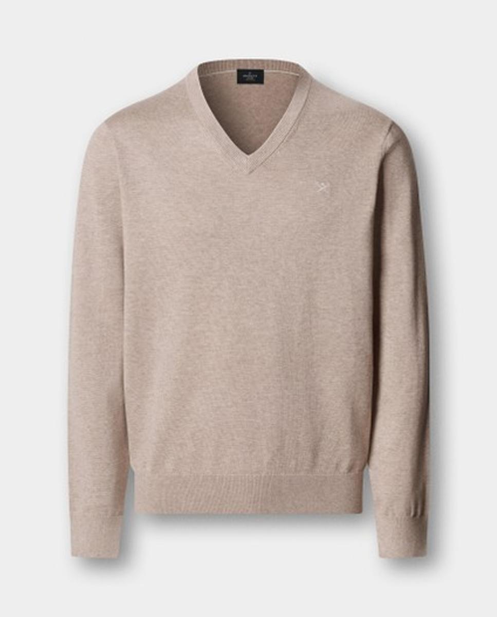 Camisola de Malha Lisa de Algodão com Gola em Bico Bege-7