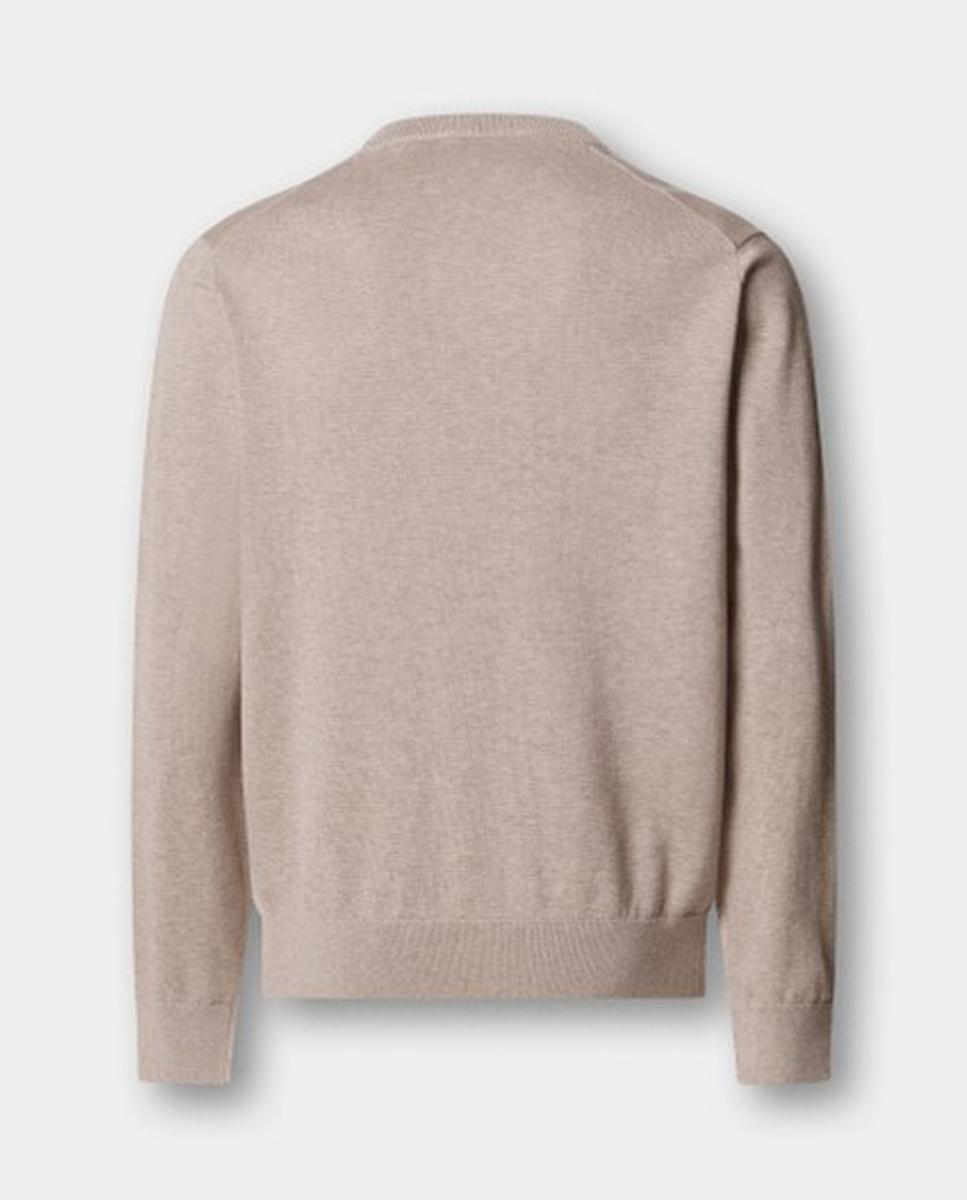 Camisola de Malha Lisa de Algodão com Gola em Bico Bege-8