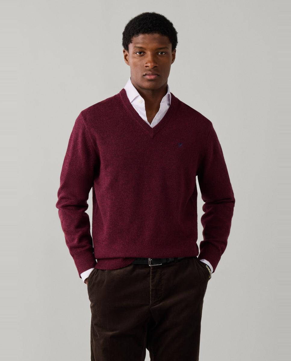Jersey de hombre de lana de cordero con cuello de pico y logo bordado - Hackett - Burdeos Burdeos-1