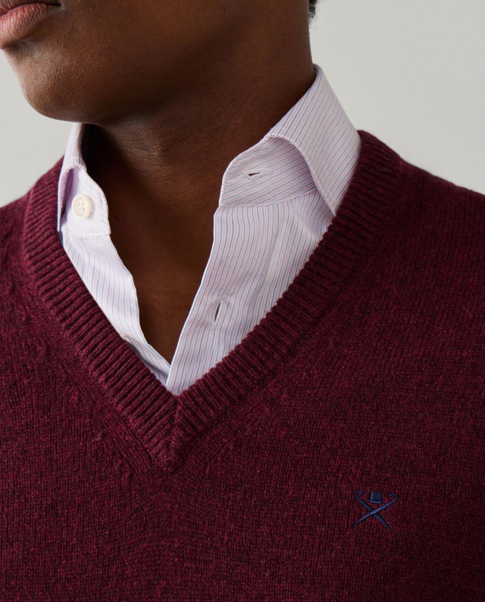 Jersey de hombre de lana de cordero con cuello de pico y logo bordado - Hackett - Burdeos Burdeos-3