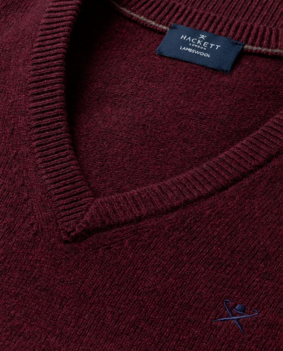 Jersey de hombre de lana de cordero con cuello de pico y logo bordado - Hackett - Burdeos Burdeos-5