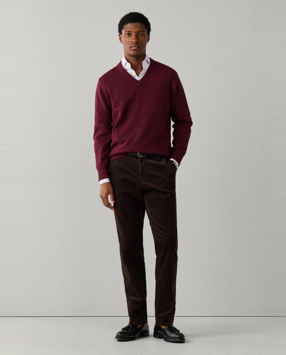 Jersey de hombre de lana de cordero con cuello de pico y logo bordado - Hackett - Burdeos Burdeos-10