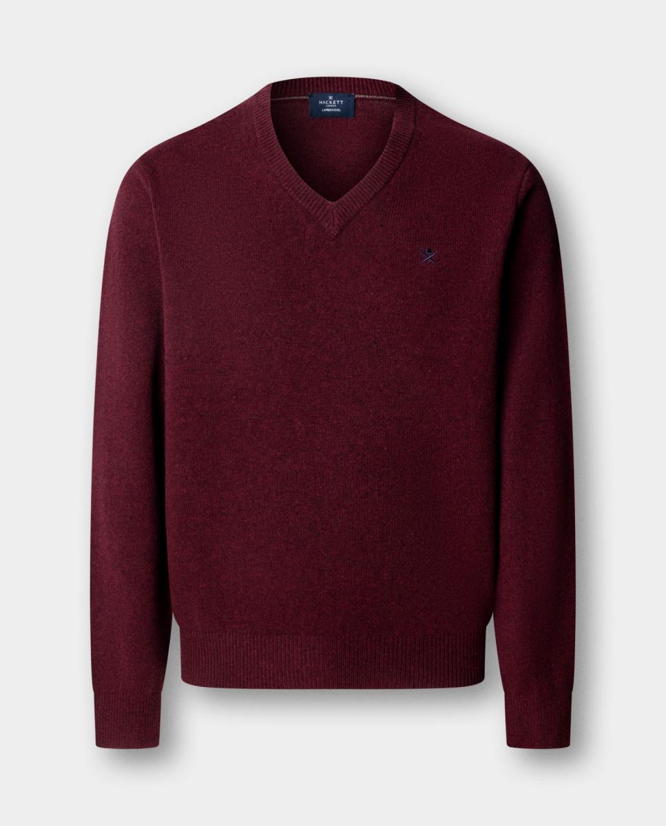 Jersey de hombre de lana de cordero con cuello de pico y logo bordado - Hackett - Burdeos Burdeos-8