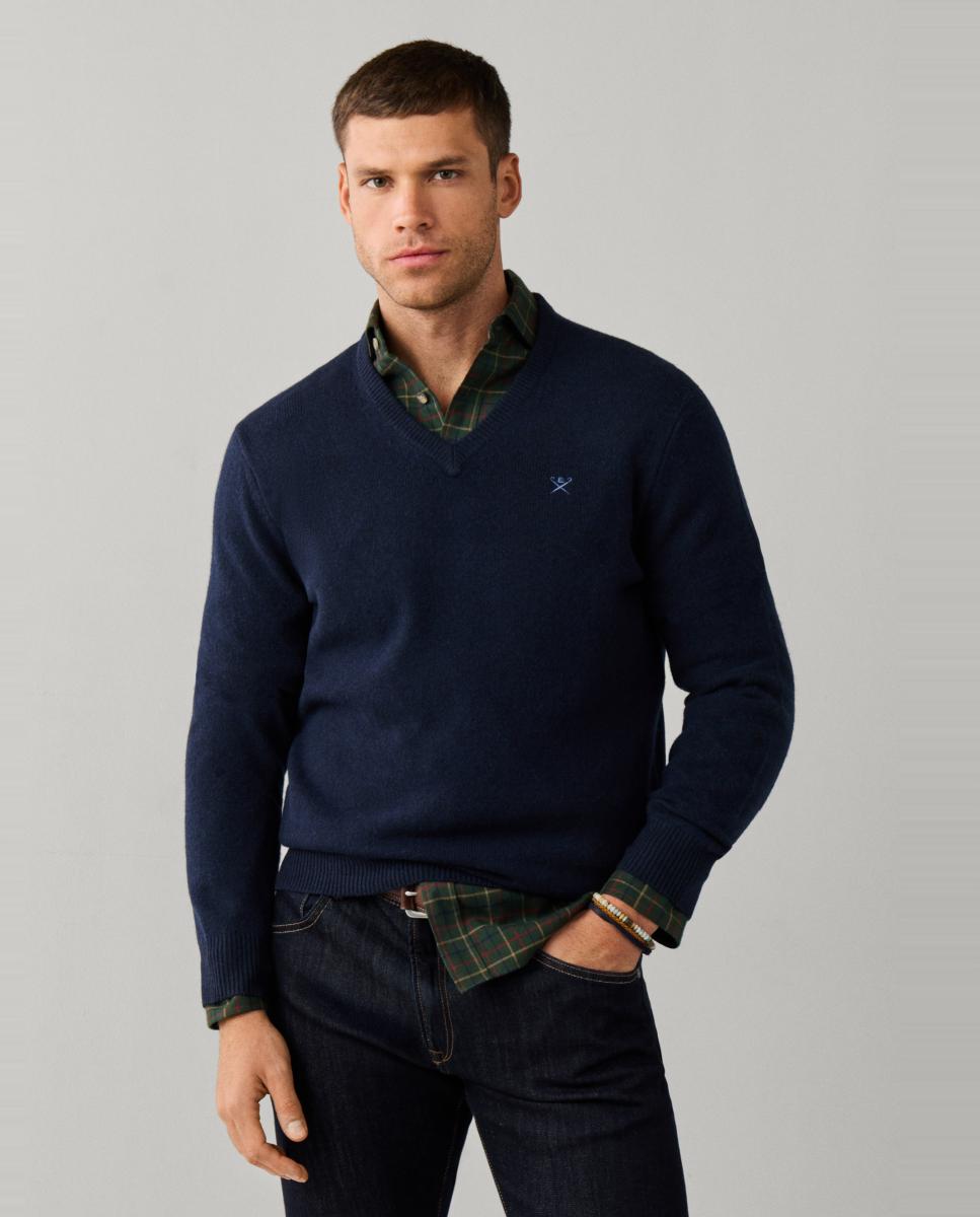 Jersey de hombre de lana de cordero con cuello de pico y logo bordado - Hackett - Azul marino Azul marino-1