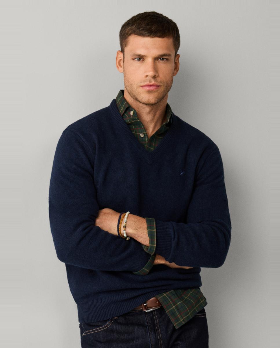 Jersey de hombre de lana de cordero con cuello de pico y logo bordado - Hackett - Azul marino Azul marino-2