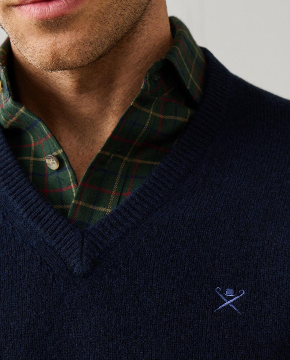 Jersey de hombre de lana de cordero con cuello de pico y logo bordado - Hackett - Azul marino Azul marino-3