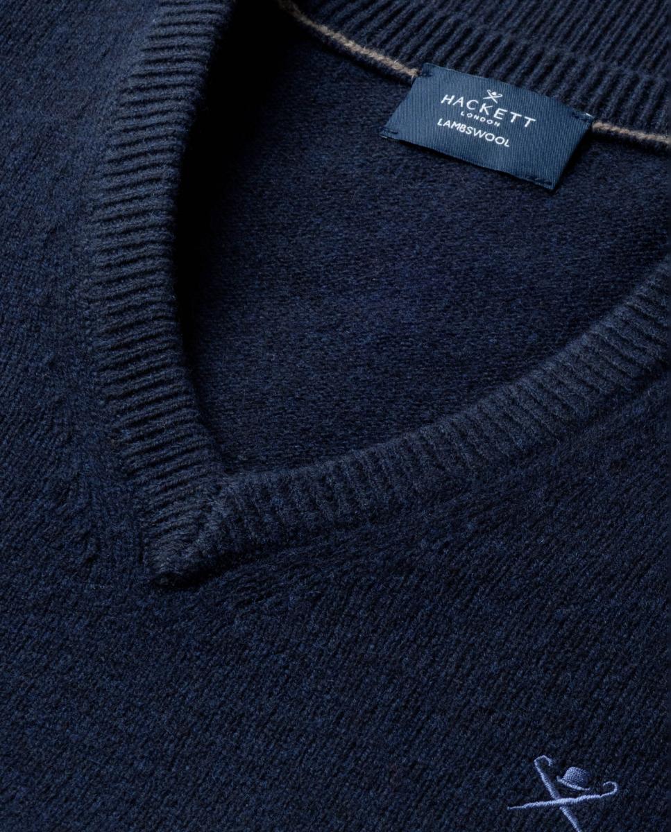Jersey de hombre de lana de cordero con cuello de pico y logo bordado - Hackett - Azul marino Azul marino-4