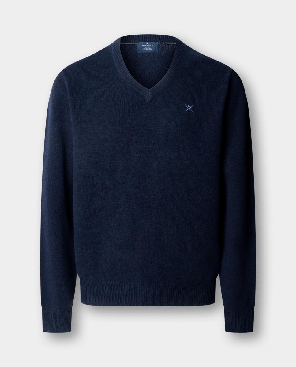 Jersey de hombre de lana de cordero con cuello de pico y logo bordado - Hackett - Azul marino Azul marino-6