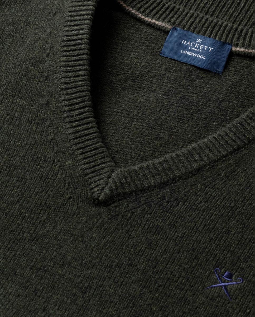 Camisola de Malha de Lã de Cordeiro com Gola em Bico e Logótipo Bordado Verde-militar-4