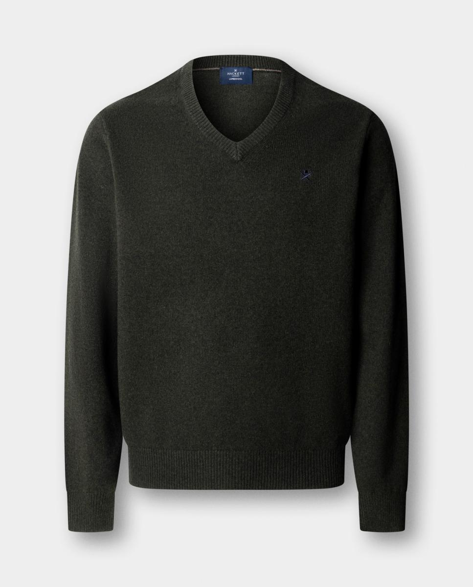 Camisola de Malha de Lã de Cordeiro com Gola em Bico e Logótipo Bordado Verde-militar-6