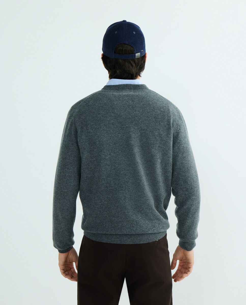 Camisola de Malha com Decote Redondo e 100% Lã Cinzento-escuro-3