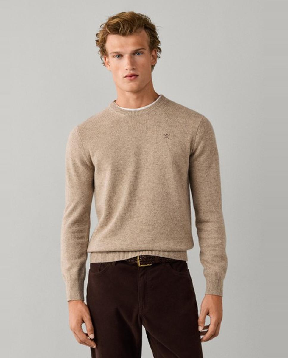 Jersey de hombre de lana con cuello redondo y logo bordado - Hackett London - Crema Crema-1