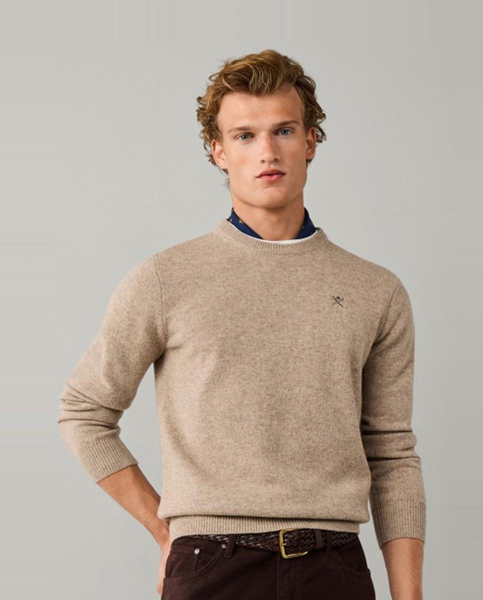 Jersey de hombre de lana con cuello redondo y logo bordado - Hackett London - Crema Crema-4